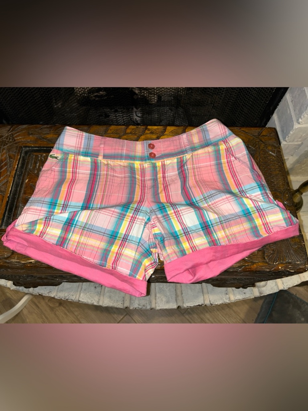 Lacoste Pink Plaid Women’s Shorts with Multi-Color Stripes
